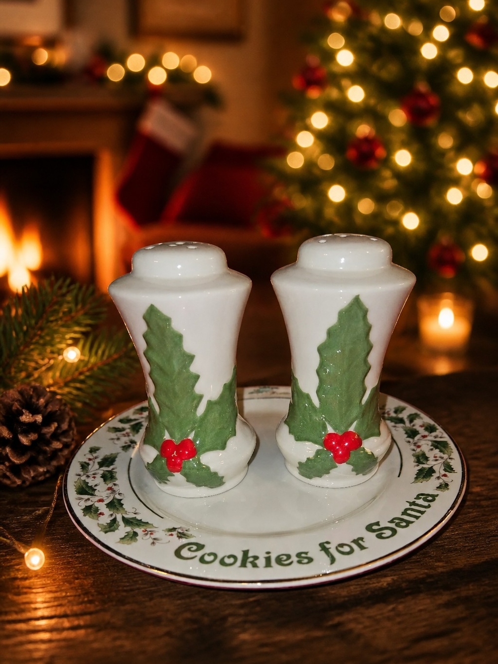 Holly Berry Ceramic Salt and Pepper Shakers / China Plate Holiday Set